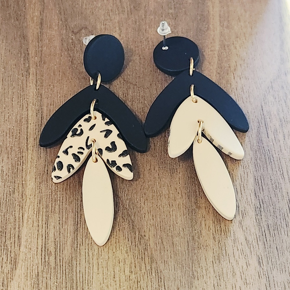 Black Cream‎ Leopard Print Polymer Clay Dangle Earrings Tiered Leaf Statement